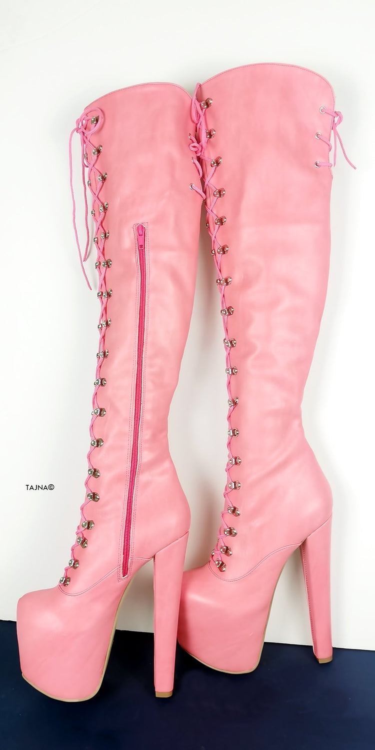 Pink Strech Over Knee Military High Heel Boots - Tajna Club