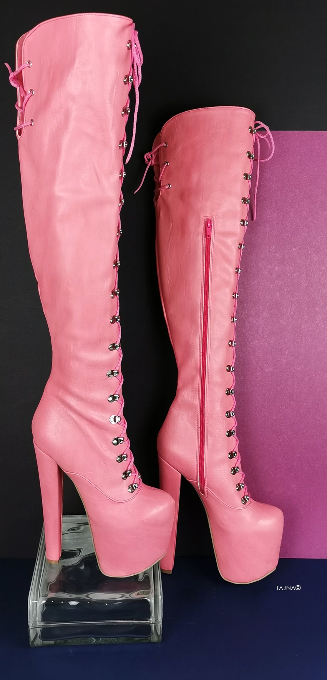 Pink Strech Over Knee Military High Heel Boots - Tajna Club