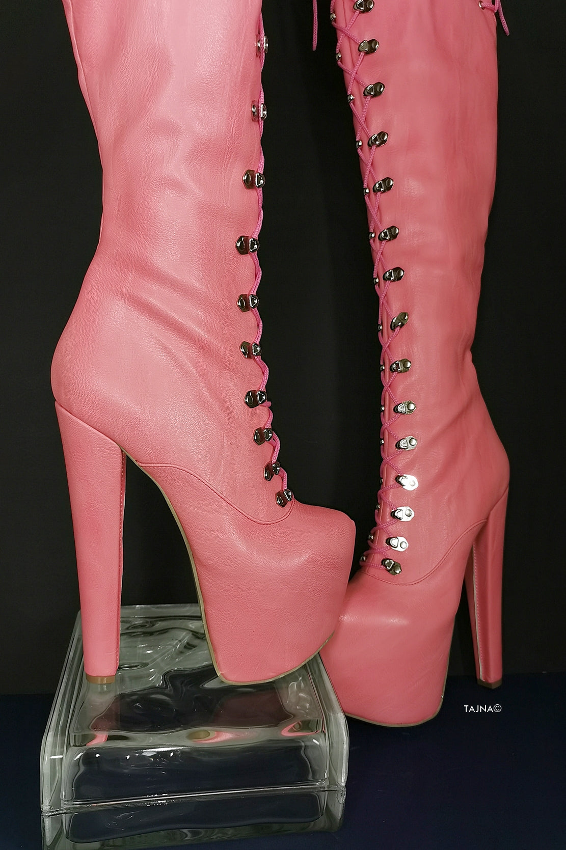 Pink Strech Over Knee Military High Heel Boots - Tajna Club