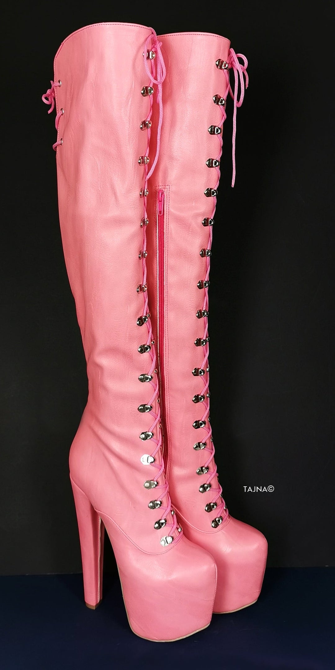 Pink Strech Over Knee Military High Heel Boots - Tajna Club