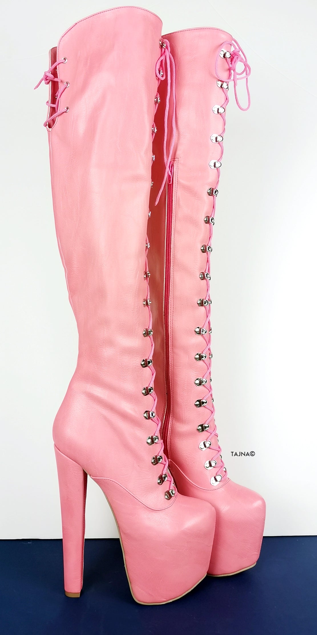 Pink Strech Over Knee Military High Heel Boots - Tajna Club
