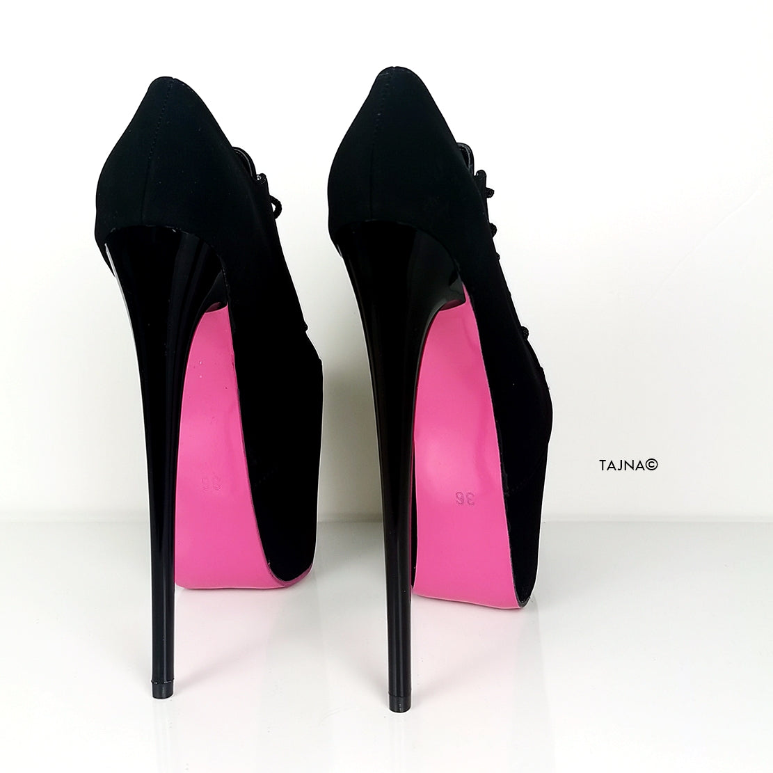 Pink Soles Black Lace Up Oxford Heels - Tajna Club