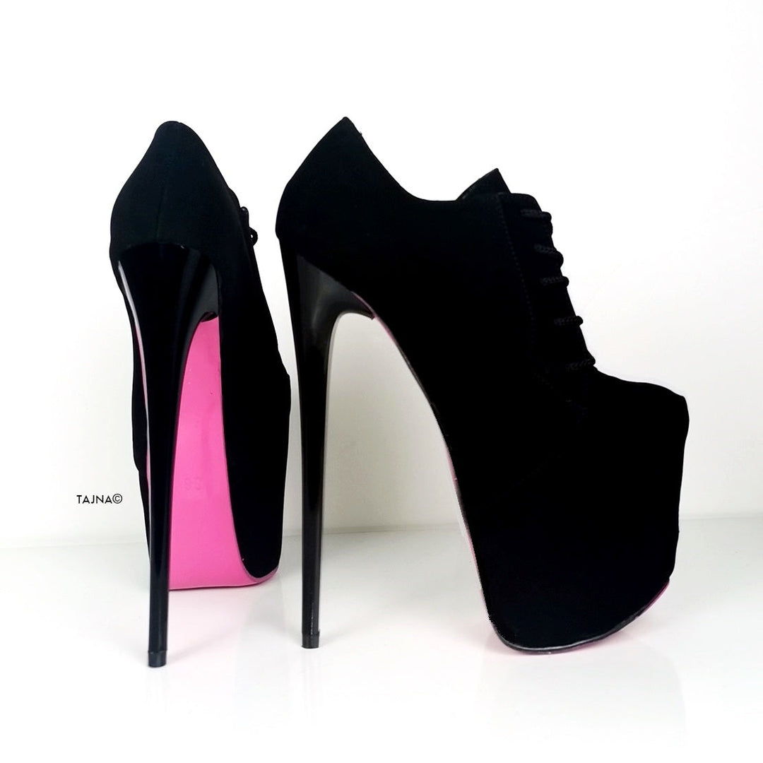 Pink Soles Black Lace Up Oxford Heels - Tajna Club