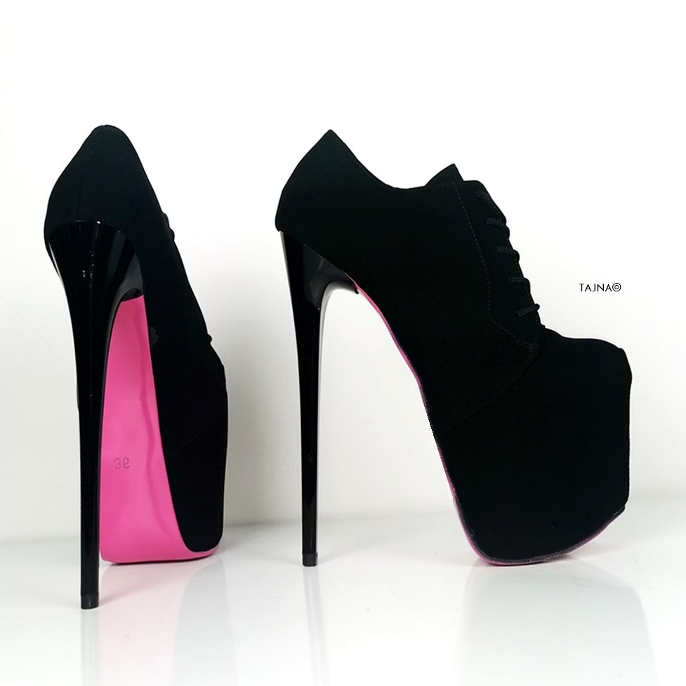 Pink Soles Black Lace Up Oxford Heels - Tajna Club