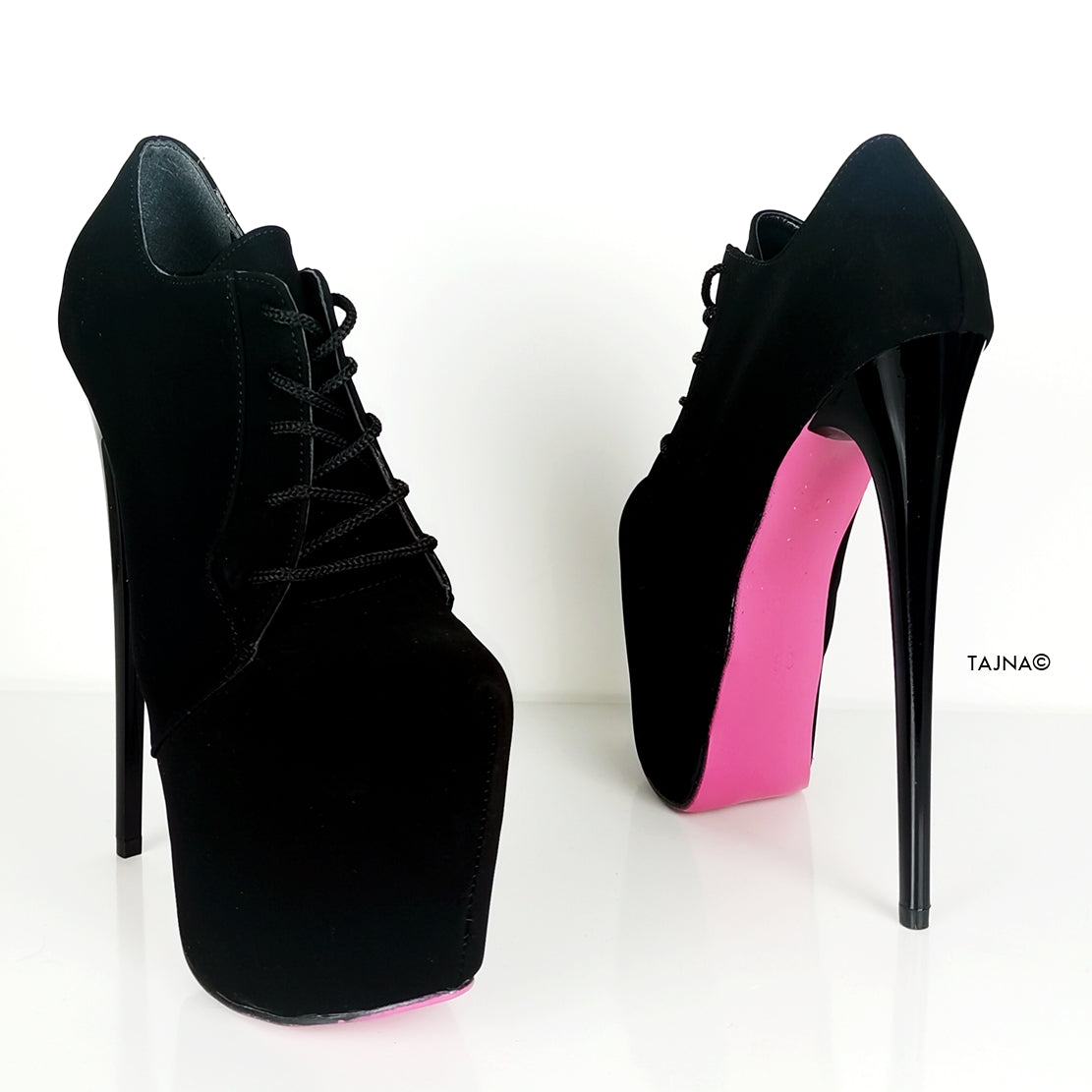 Pink Soles Black Lace Up Oxford Heels - Tajna Club