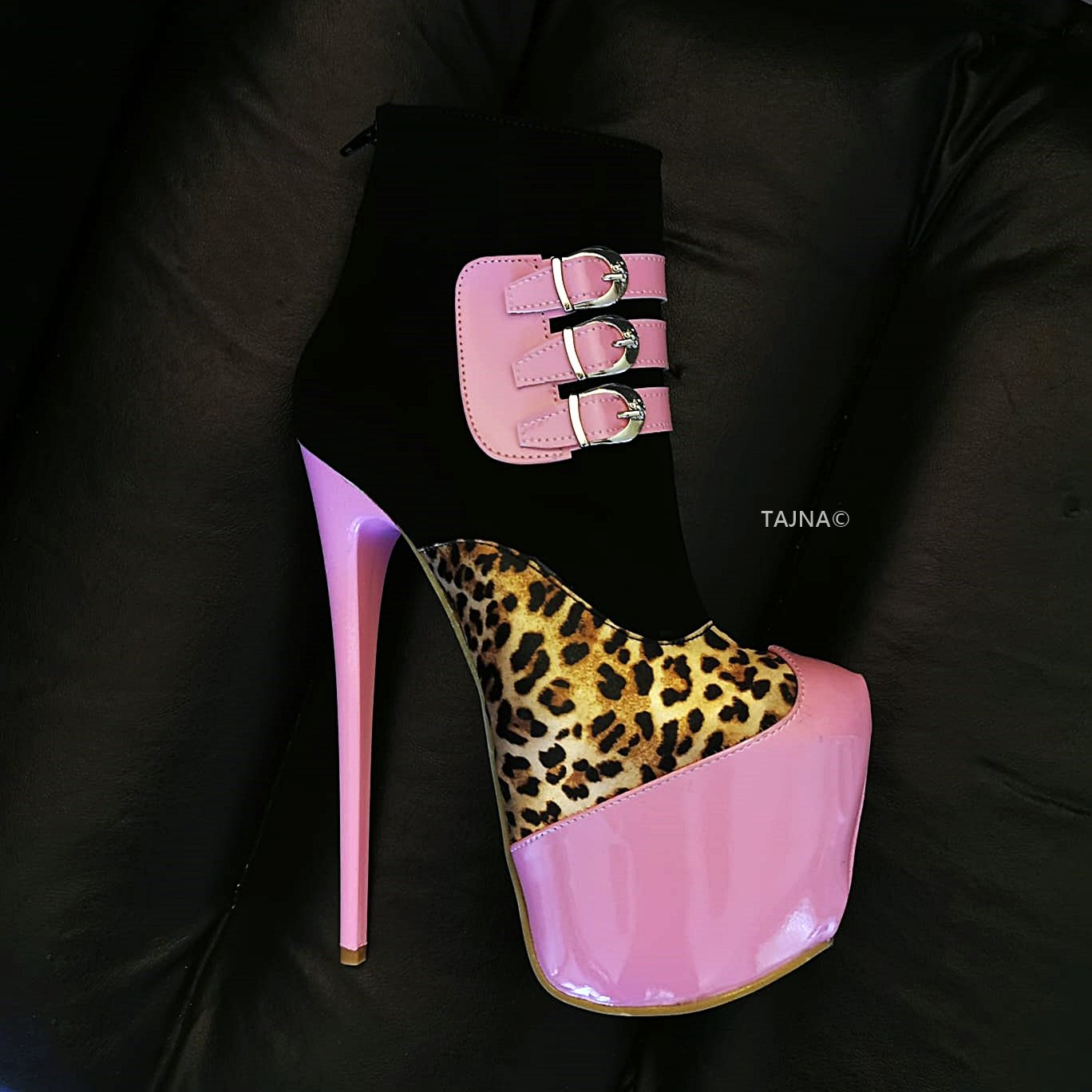 Leopard Pink Black Ankle Booties - Tajna Club
