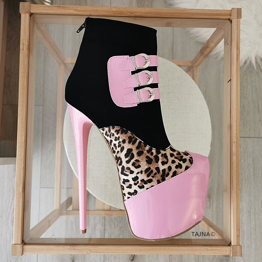 Leopard Pink Black Ankle Booties - Tajna Club