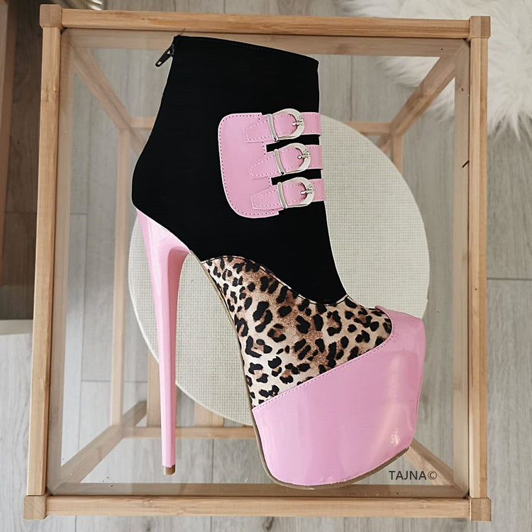 Leopard Pink Black Ankle Booties - Tajna Club