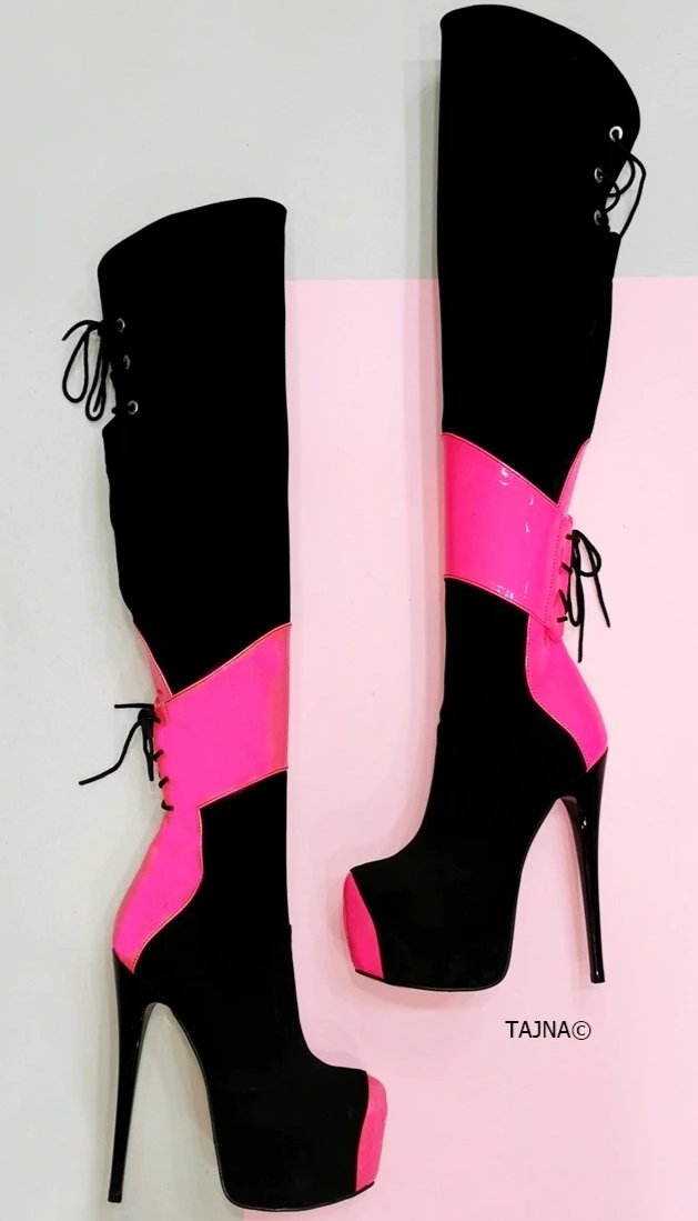 Black Neon Pink Knee High Boots - Tajna Club