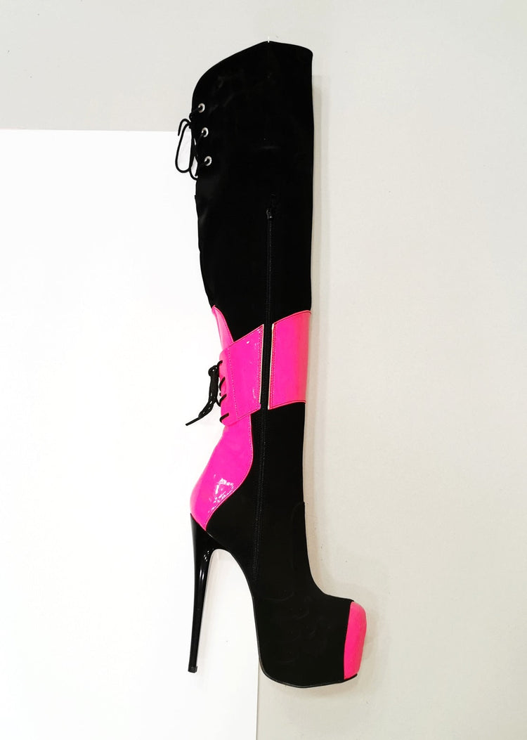 Black Neon Pink Knee High Boots - Tajna Club