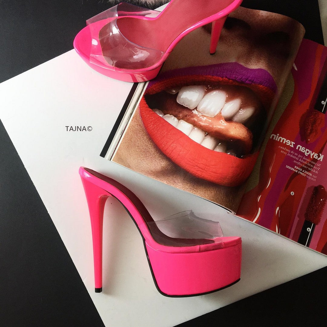Neon Pink Transparent Platform Mules