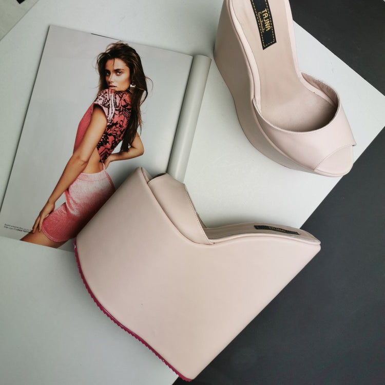 Light Pink Extra High Wedge Mules - Tajna Club