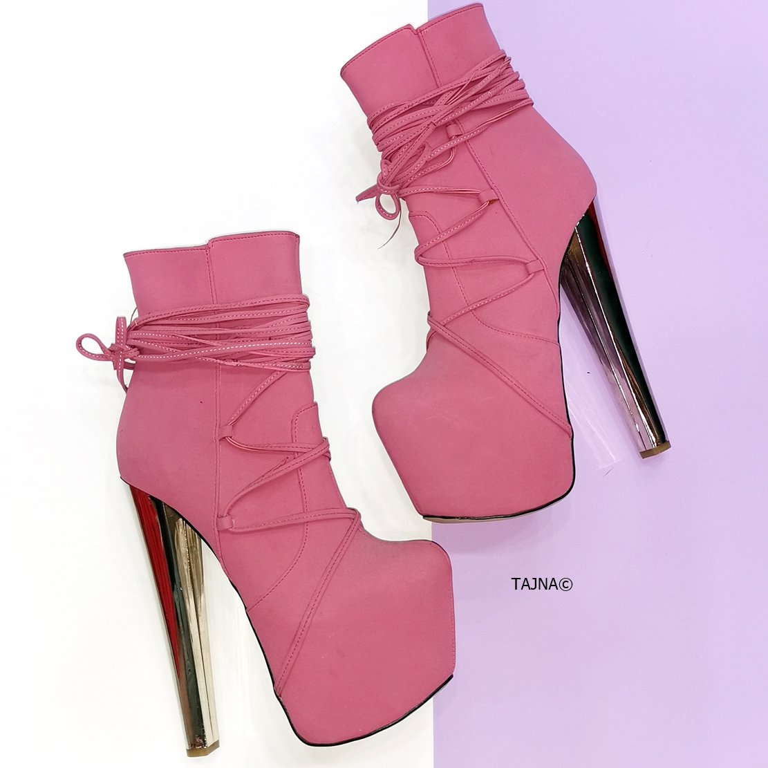 Long Laced Pink High Heel Booties - Tajna Club