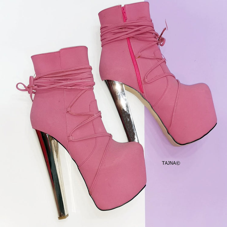 Long Laced Pink High Heel Booties - Tajna Club