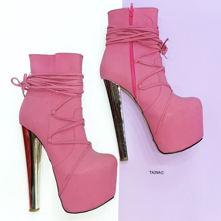 Long Laced Pink High Heel Booties - Tajna Club