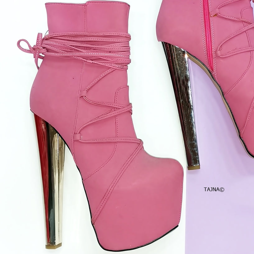 Long Laced Pink High Heel Booties - Tajna Club