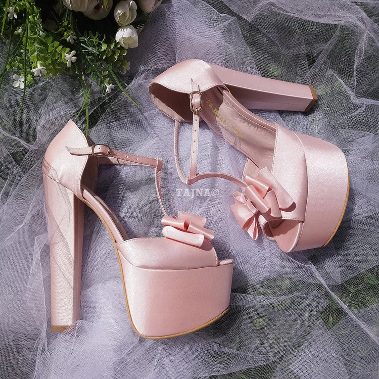 Satin Pink Chunky Heel Platform Wedding Shoes with Ribbon - Tajna Club