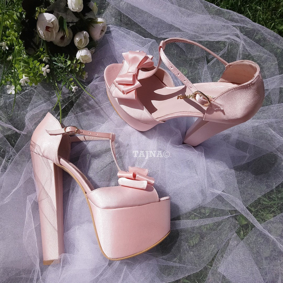 Satin Pink Chunky Heel Platform Wedding Shoes with Ribbon - Tajna Club