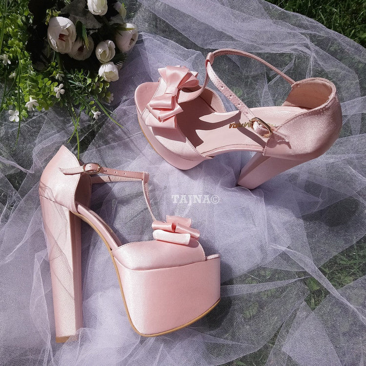 Satin Pink Chunky Heel Platform Wedding Shoes with Ribbon - Tajna Club
