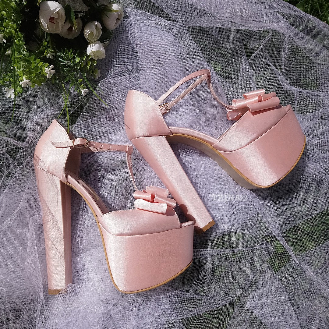 Satin Pink Chunky Heel Platform Wedding Shoes with Ribbon - Tajna Club