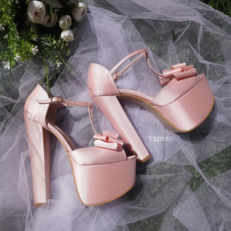 Satin Pink Chunky Heel Platform Wedding Shoes with Ribbon - Tajna Club