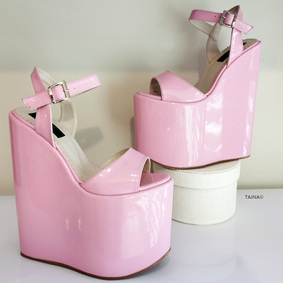 Baby Pink Patent Wedge Sandals - Tajna Club