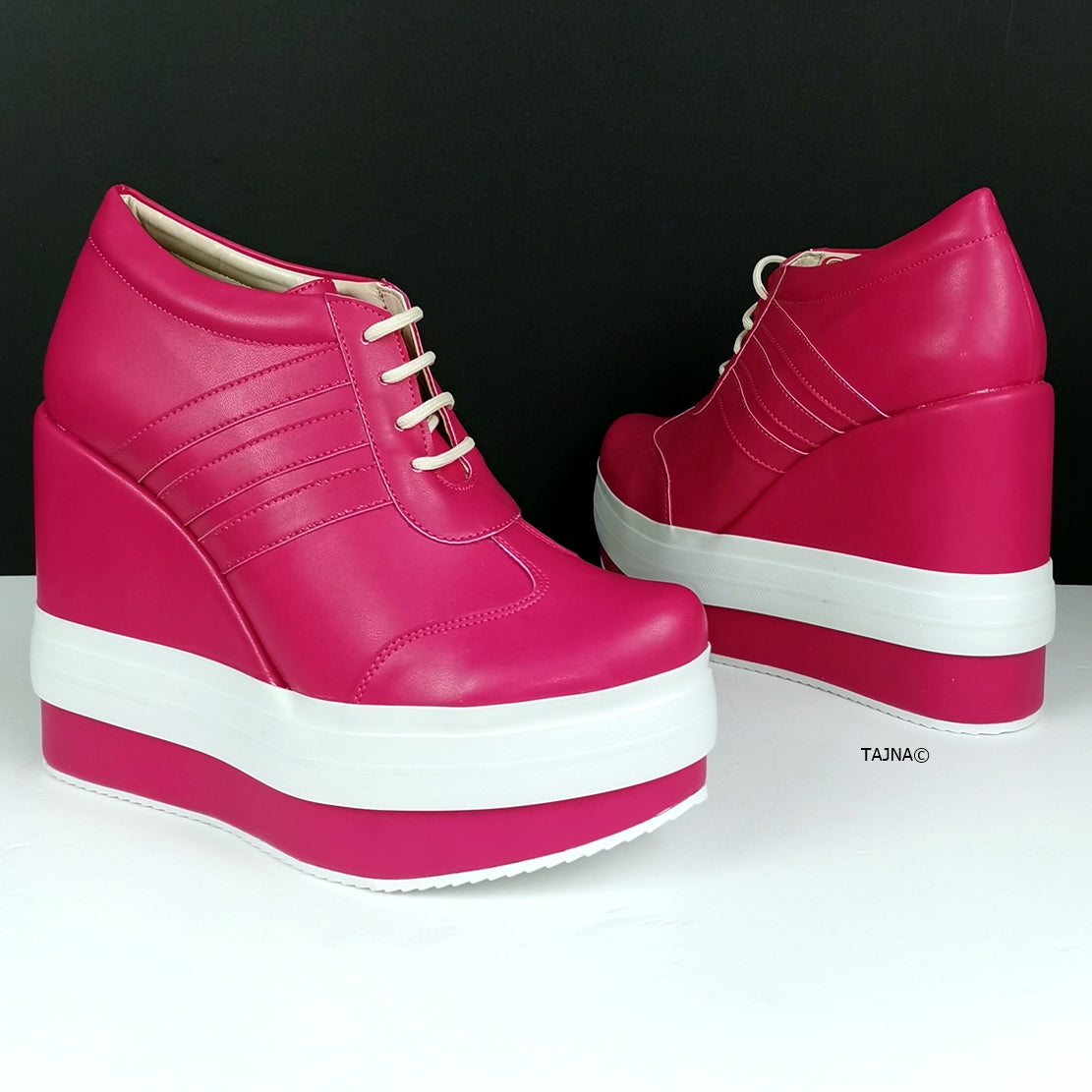 Pink Magenta Lace Up Sport Platform Wedges - Tajna Club