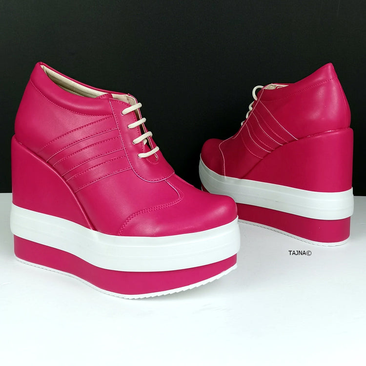 Pink Magenta Lace Up Sport Platform Wedges - Tajna Club