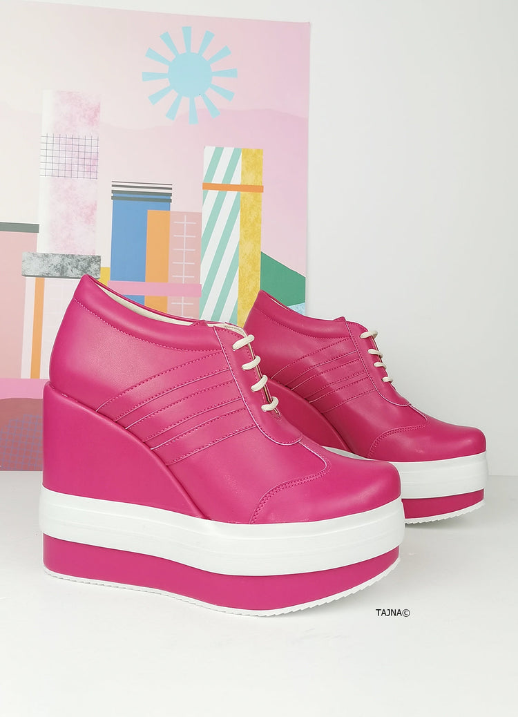 Pink Magenta Lace Up Sport Platform Wedges - Tajna Club