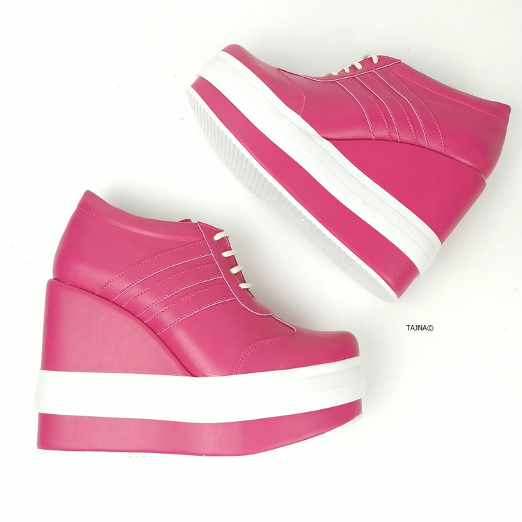 Pink Magenta Lace Up Sport Platform Wedges - Tajna Club