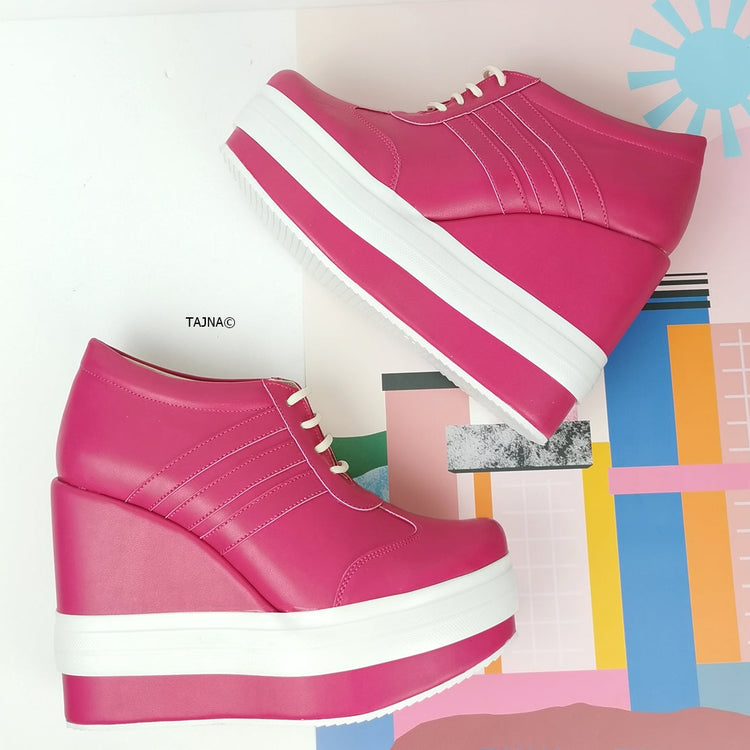 Pink Magenta Lace Up Sport Platform Wedges - Tajna Club