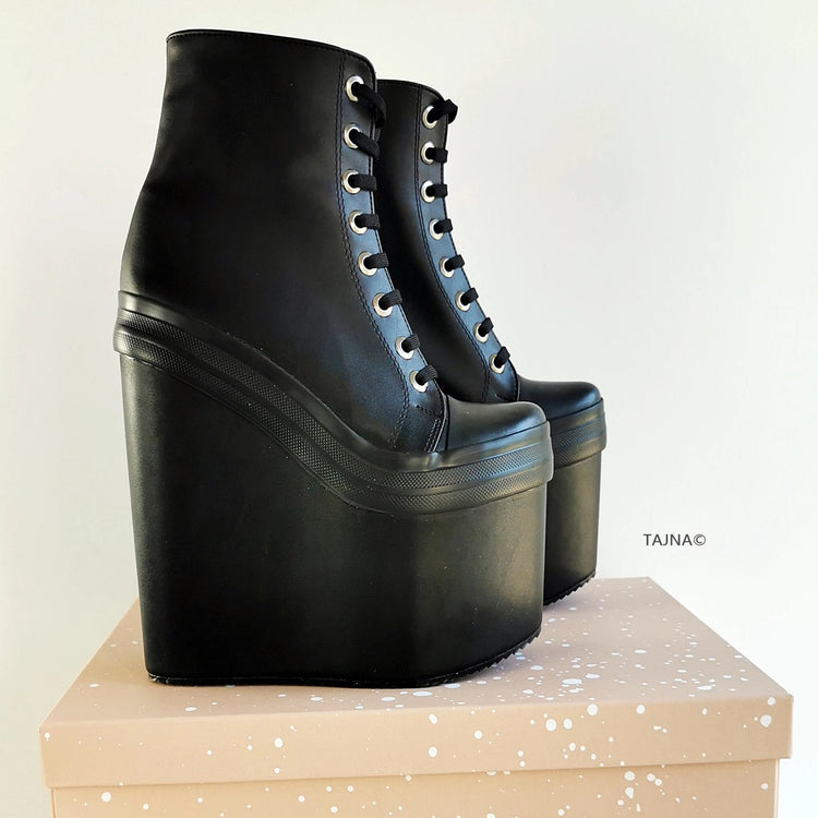 Stylish Black Lace Up Wedge Booties - Tajna Club