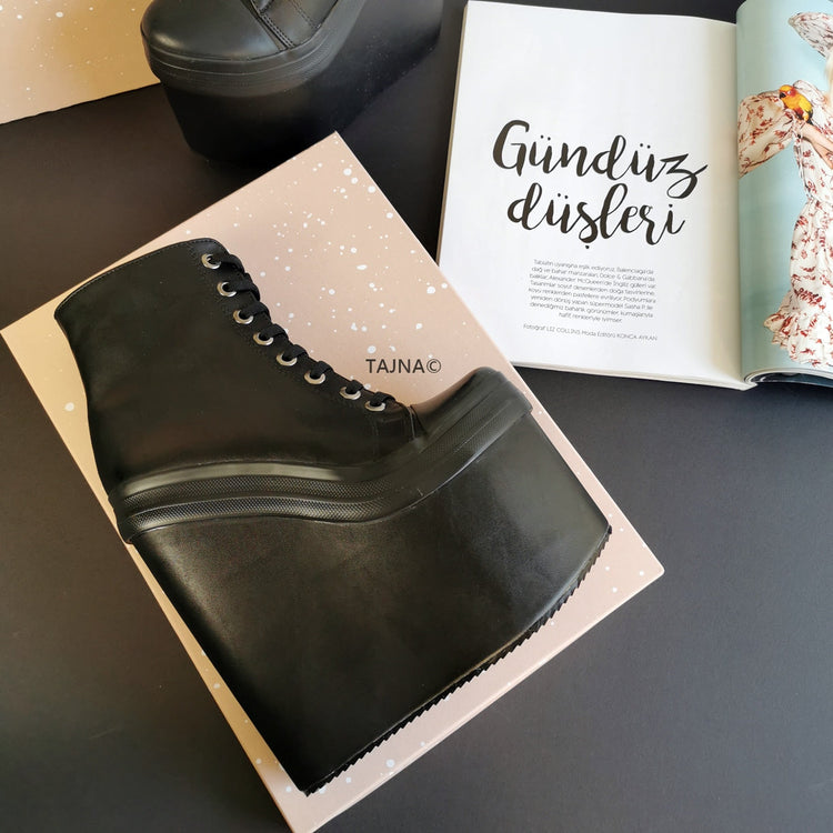Stylish Black Lace Up Wedge Booties - Tajna Club