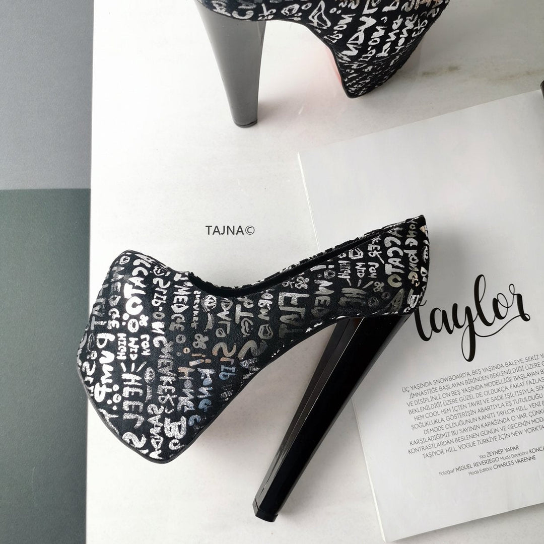 Letter Print Pumps Thick Heels - Tajna Club