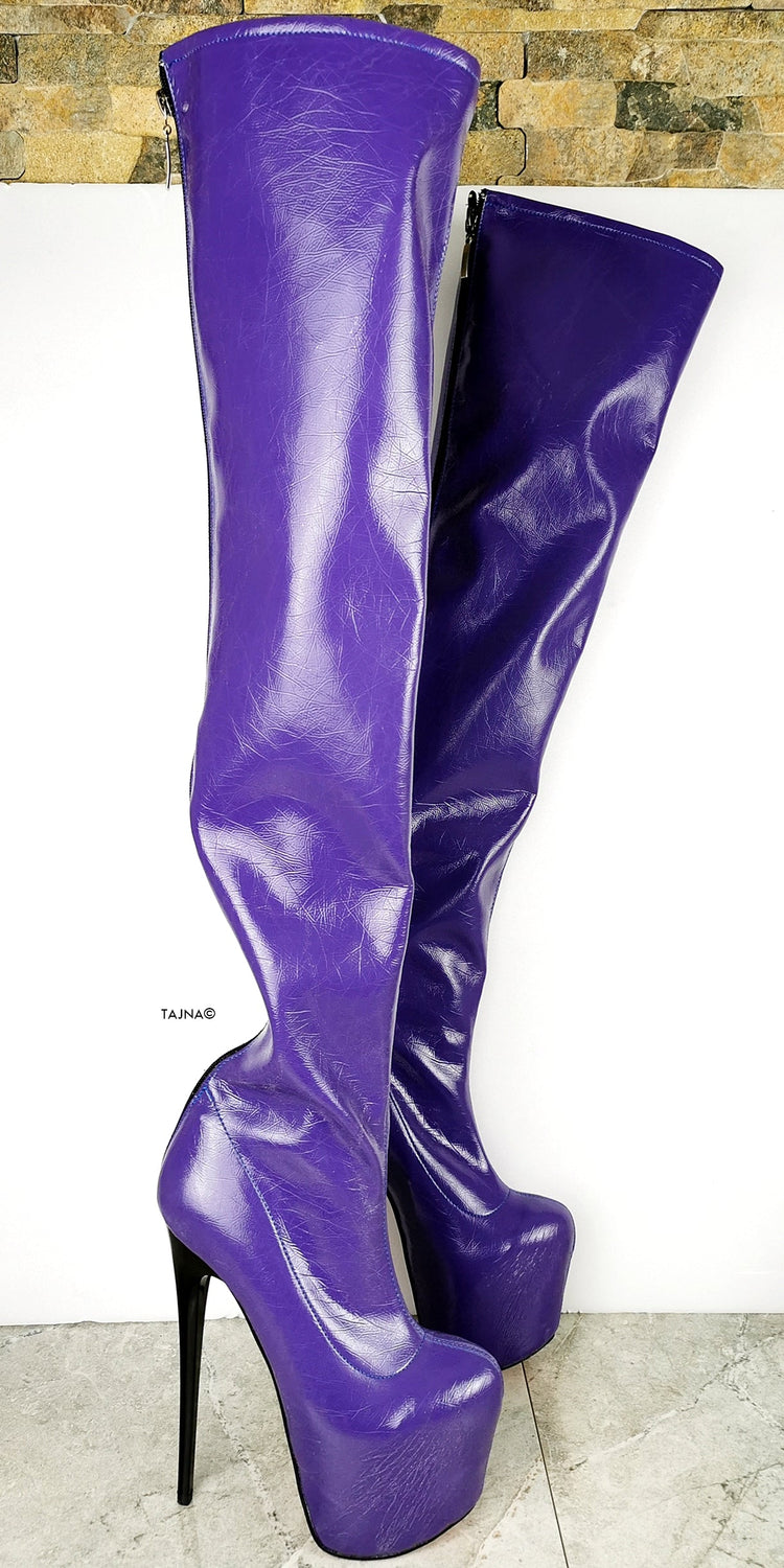 Purple Gloss Long High Heel Boots - Tajna Club