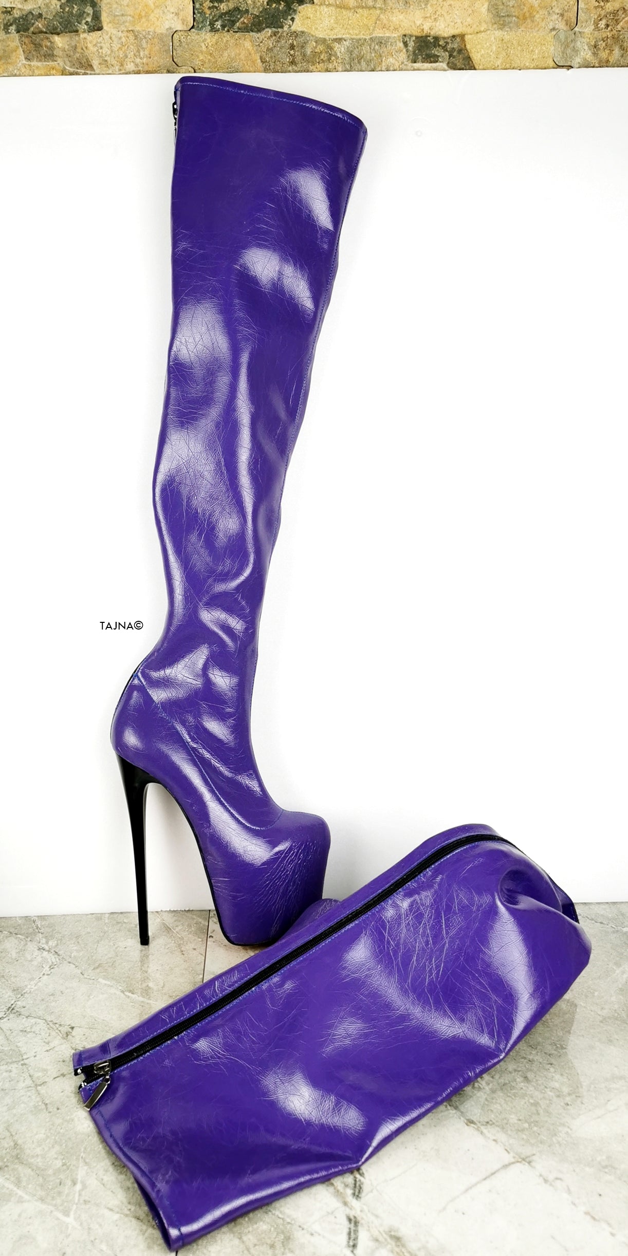 Purple Gloss Long High Heel Boots - Tajna Club