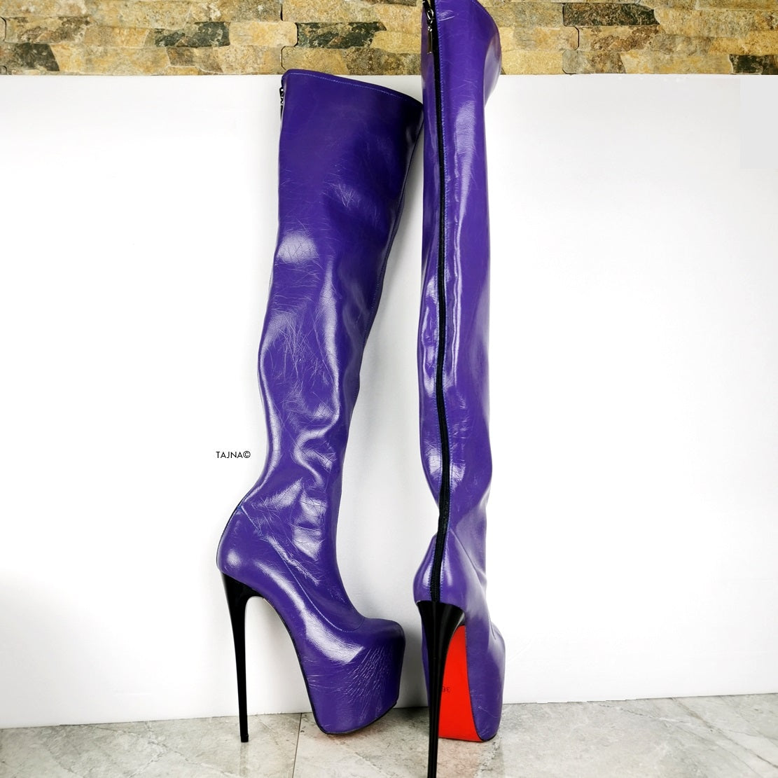 Purple Gloss Long High Heel Boots - Tajna Club