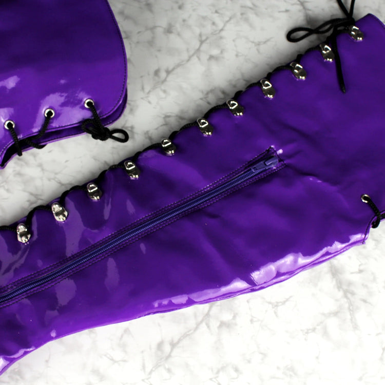 Purple Gloss Patent Military Style Lace Up Boots - Tajna Club