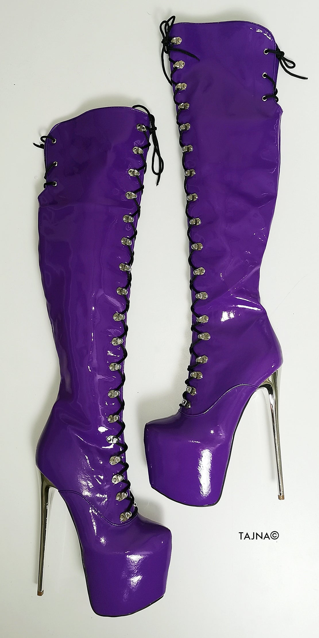 Purple Gloss Patent Military Style Lace Up Boots - Tajna Club