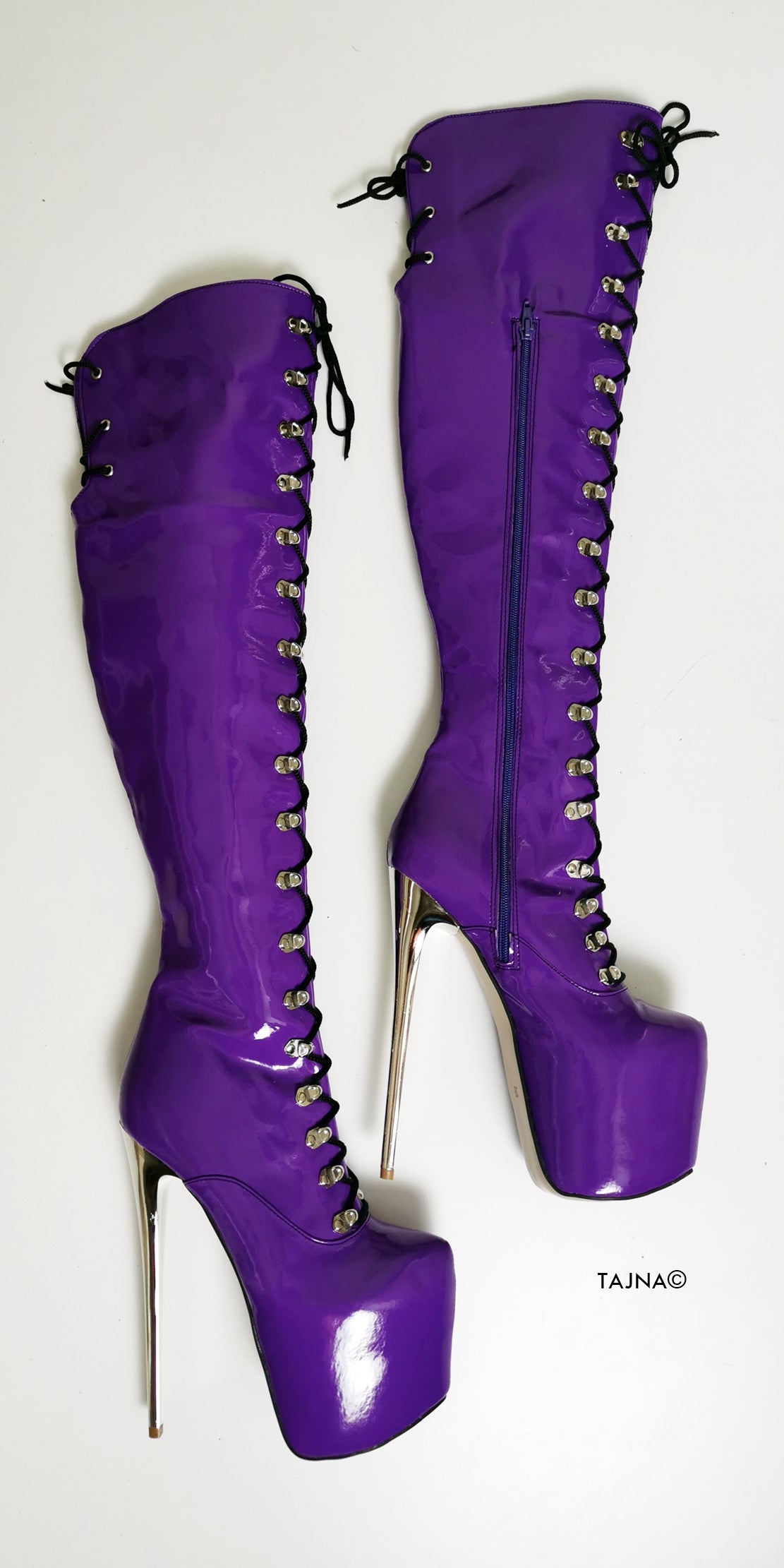 Purple Gloss Patent Military Style Lace Up Boots - Tajna Club