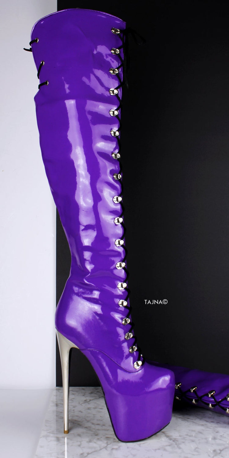 Purple Gloss Patent Military Style Lace Up Boots - Tajna Club