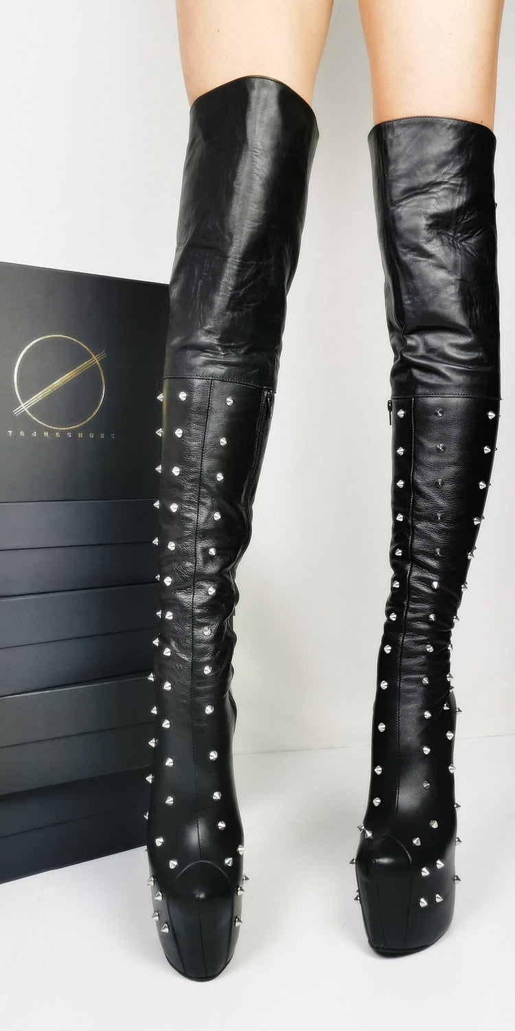 Spike Stud Black Genuine Leather Thigh Boots - Tajna Club