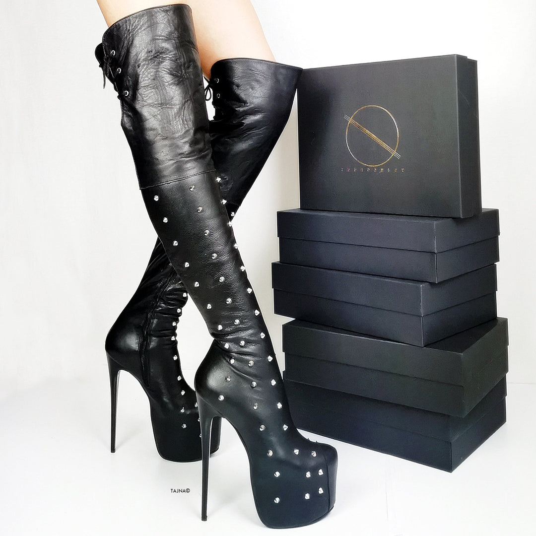 Spike Stud Black Genuine Leather Thigh Boots - Tajna Club