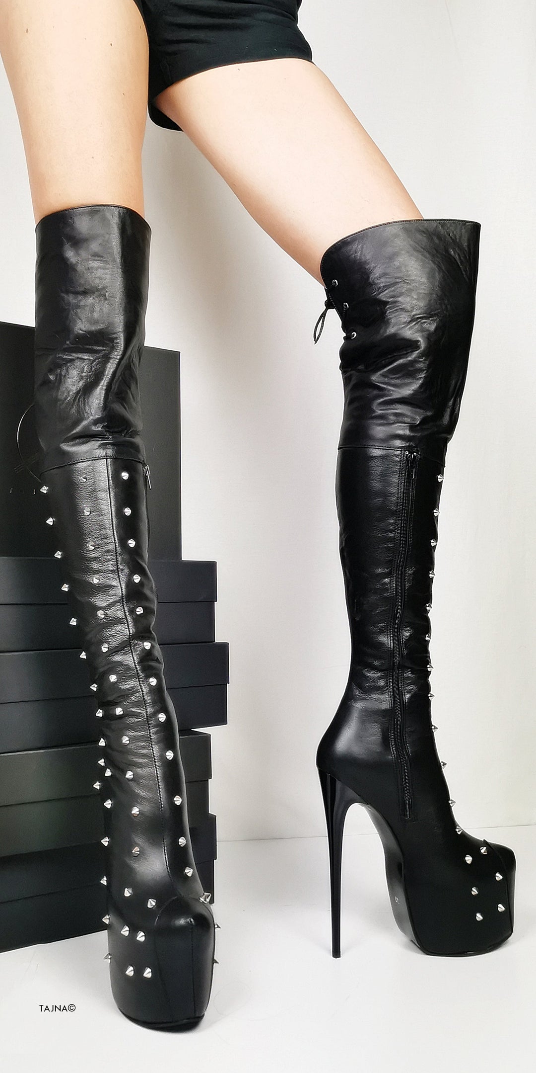 Spike Stud Black Genuine Leather Thigh Boots - Tajna Club