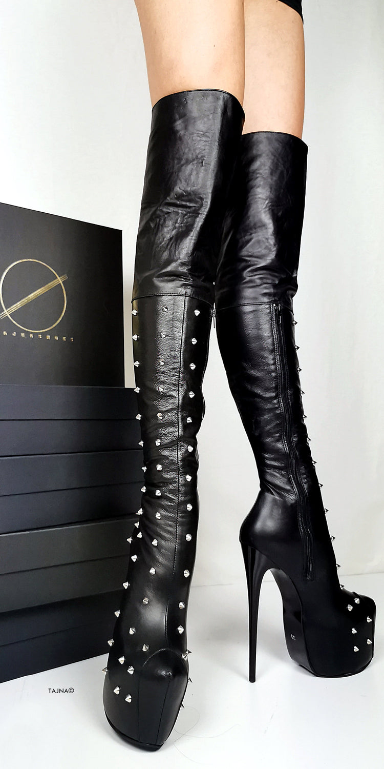 Spike Stud Black Genuine Leather Thigh Boots - Tajna Club