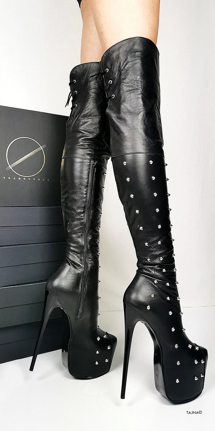 Spike Stud Black Genuine Leather Thigh Boots - Tajna Club