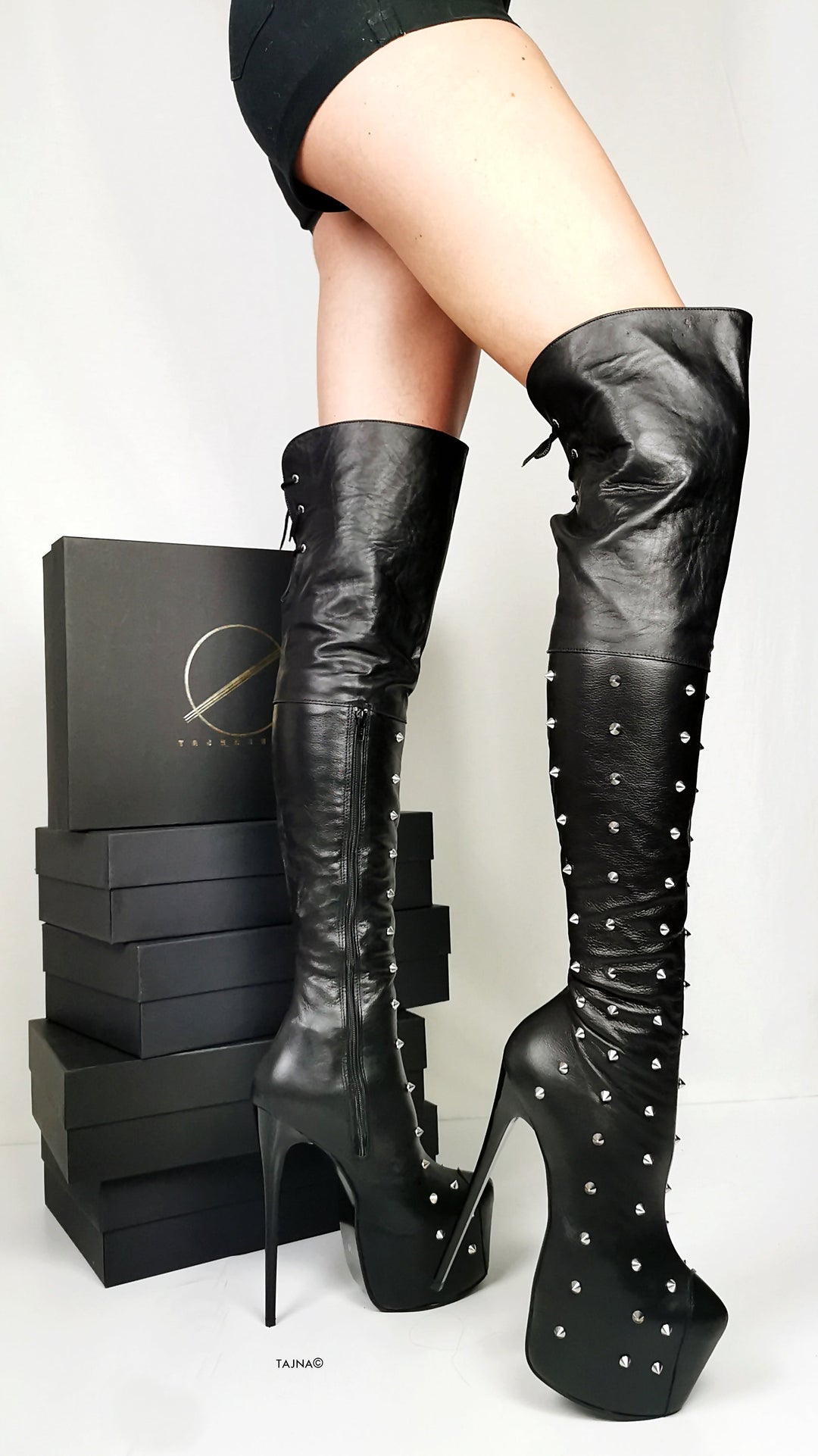 Spike Stud Black Genuine Leather Thigh Boots - Tajna Club