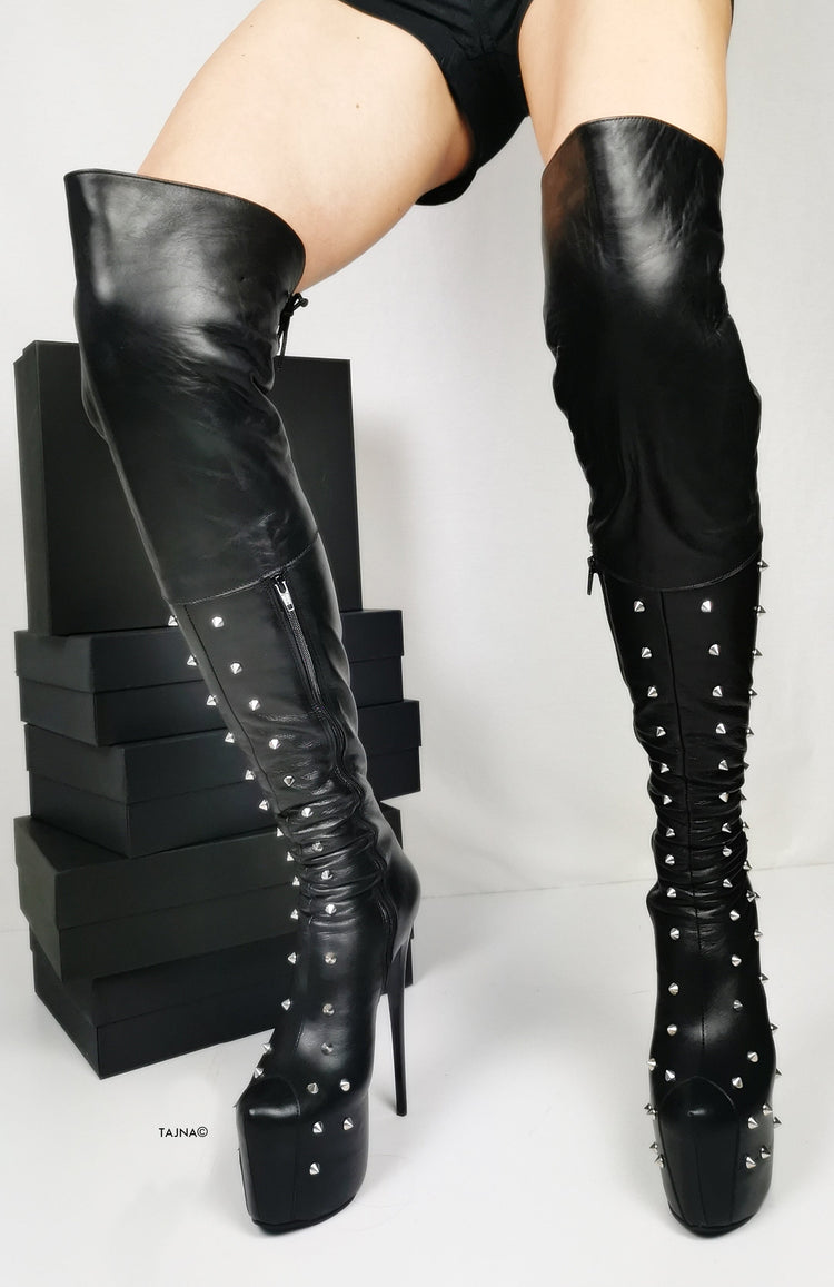 Spike Stud Black Genuine Leather Thigh Boots - Tajna Club