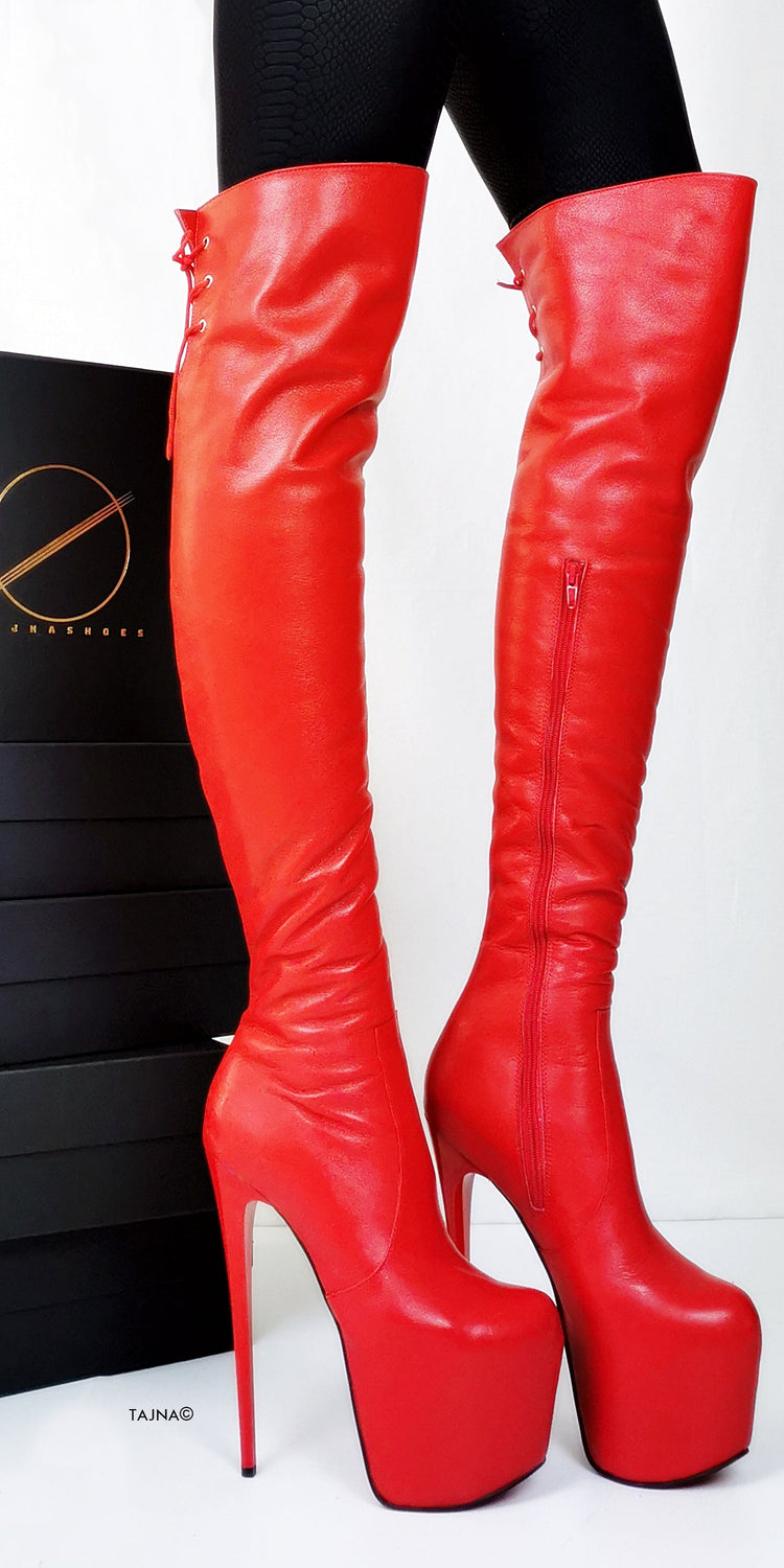 Back Lace Red Genuine Leather Thigh High Boots - Tajna Club