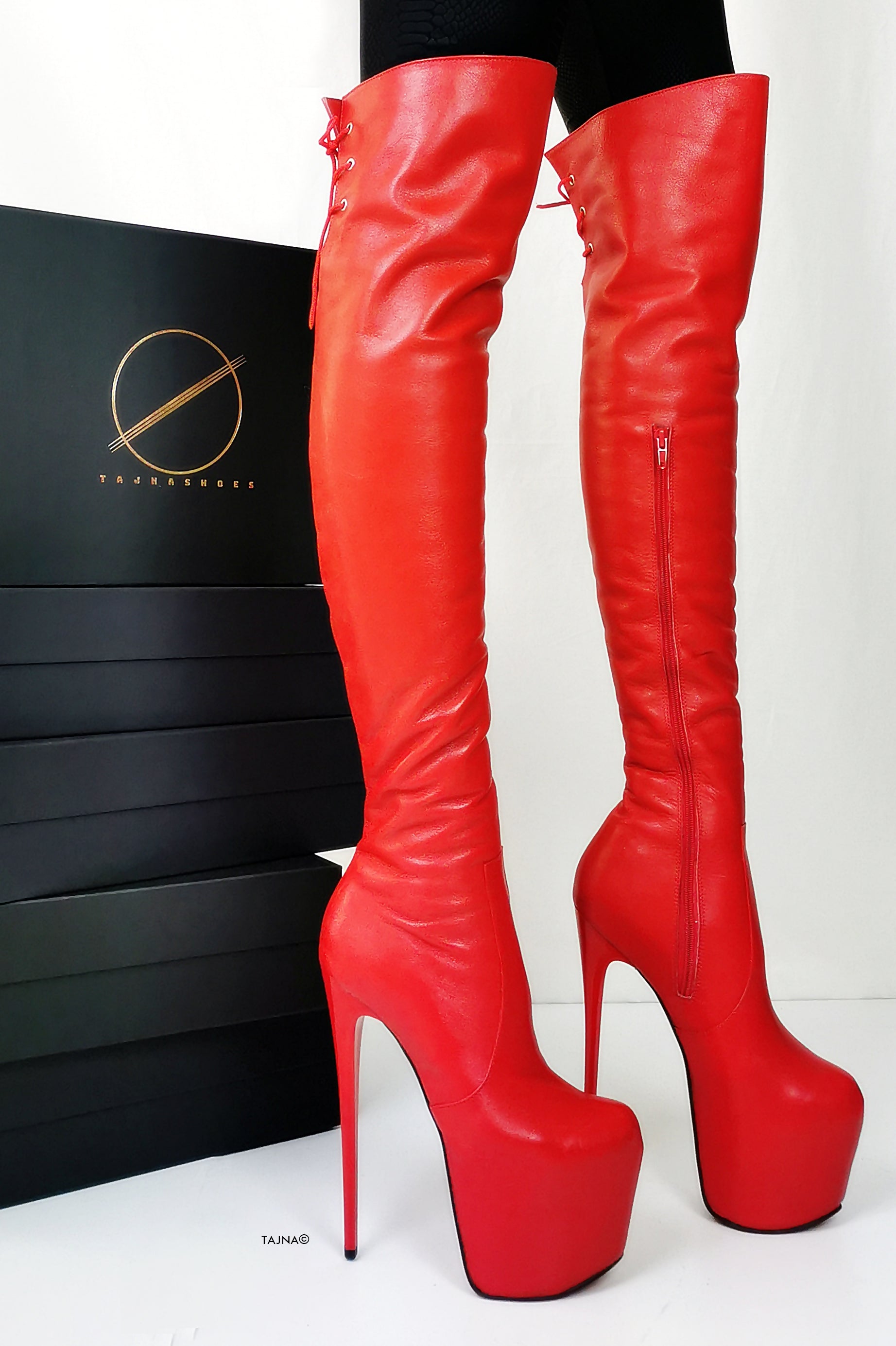 Back Lace Red Genuine Leather Thigh High Boots - Tajna Club